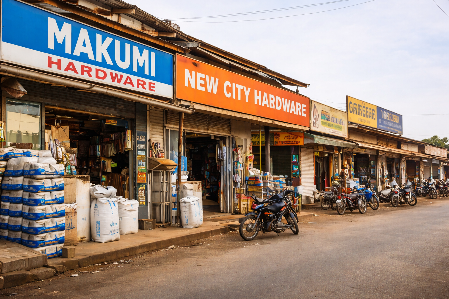 Street with hardware shops and signage