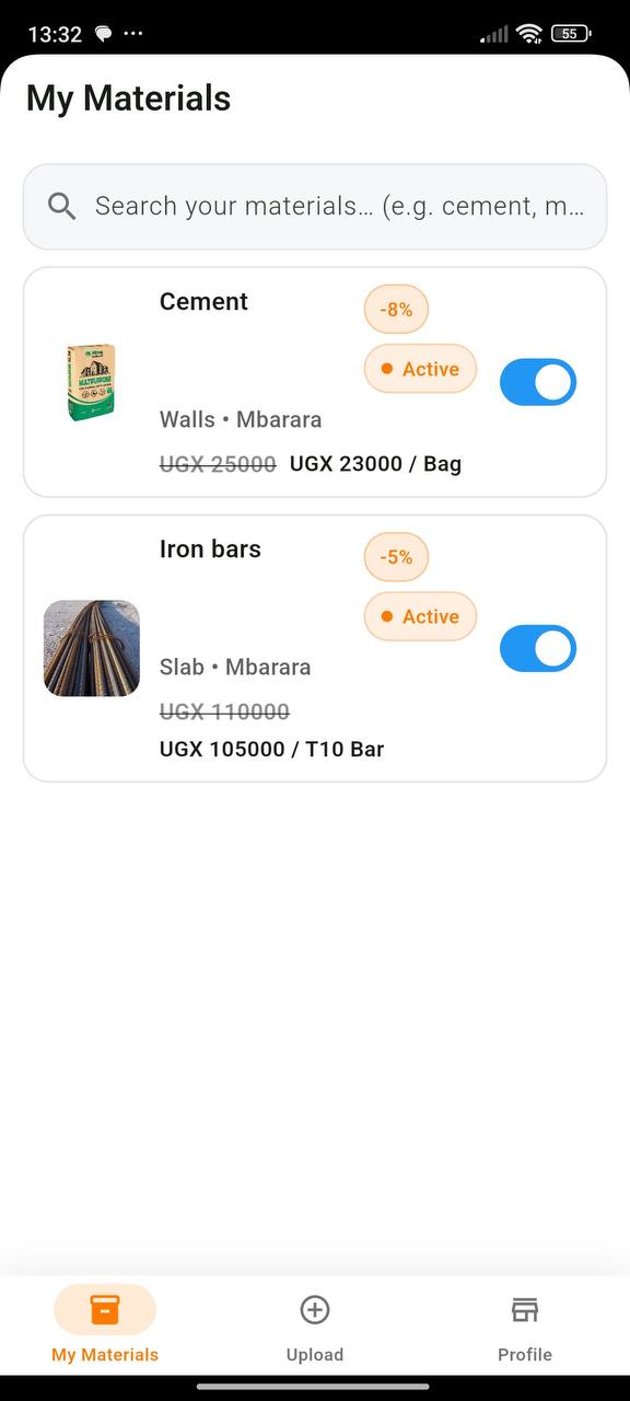 Seller manage materials screen