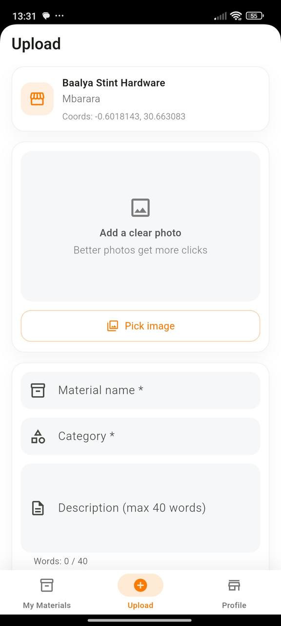 Seller upload materials screen